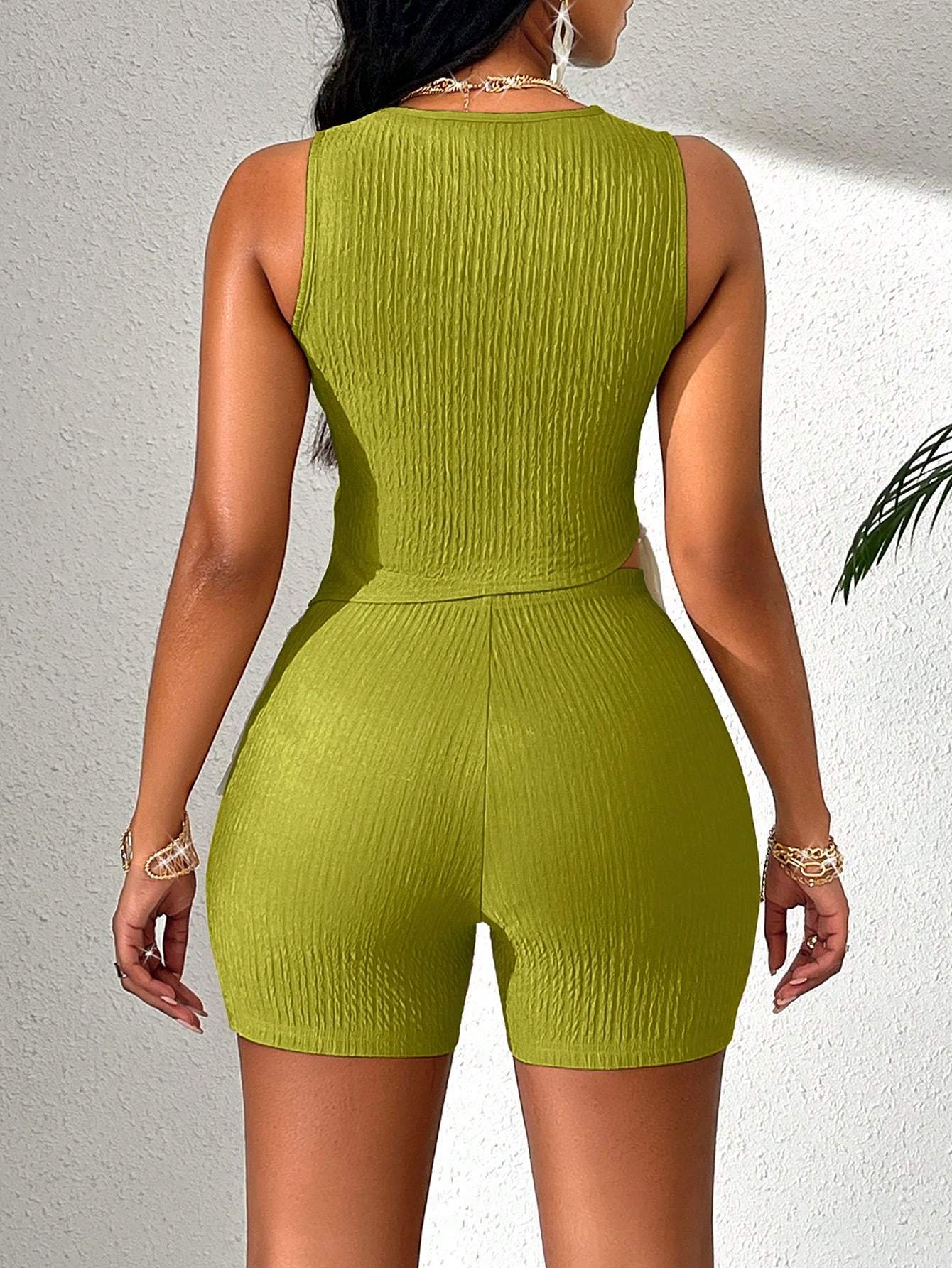 VaVaLuxe Asymmetrical Flowing Soverell Hem, Flowing Texture Fabric Shorts Suit