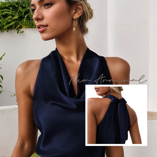 Women Solid Color Swing Collar Sleeveless Vest Trendy Elegant Shirt With Halter Neckline Backless Short Sleeve Tops Tshirts