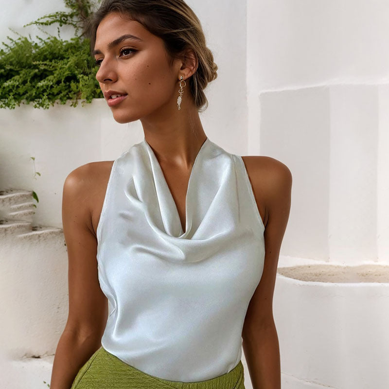 Women Solid Color Swing Collar Sleeveless Vest Trendy Elegant Shirt With Halter Neckline Backless Short Sleeve Tops Tshirts